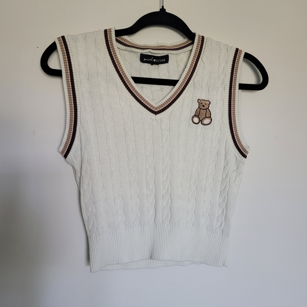 White Cable Knit Vest with Bear Patch